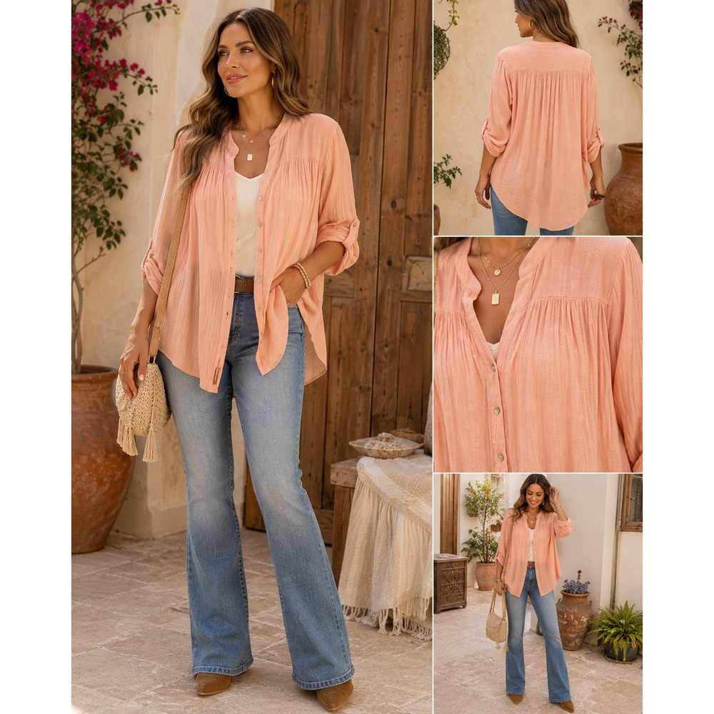 Hope & Harlow Peach Pink Textured Button Down Roll Tab Sleeve Blouse XL